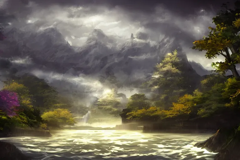 Image similar to mystical scenery , by Sakimori, digital art, pixiv scenery art