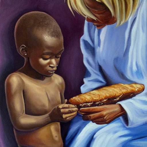 Image similar to oil painting of a malnourished ugandan boy sharing bread with a blond well fed child american, by kelly freas