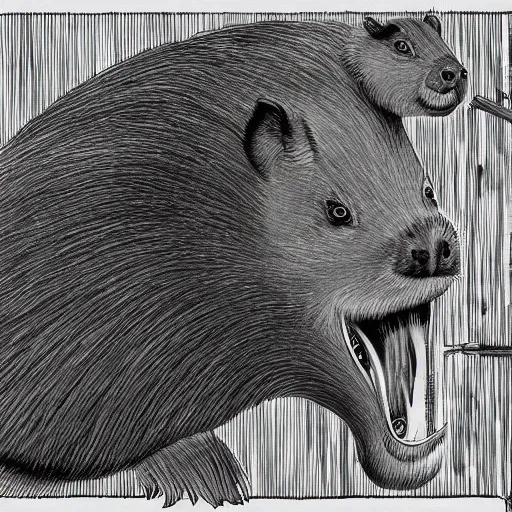 Prompt: evil capybara, campy horror illustration, highly detailed and disturbing