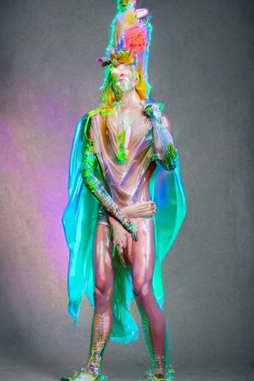 Image similar to full-body rococo and cyberpunk delicate neon crystalline sculpture of ((muscular slender albino prince Joe Jonas)) (((con la piroca dura))) as an iridescent humanoid deity wearing a thin see-through ((plastic hooded cloak)) sim roupa (holding a human skull), reclining con (((las piernas abiertas))), glowing pink face, crown of (white lasers), large diamonds, swirling black silk fabric. futuristic elements. oozing glowing liquid, full-length view. space robots. intricate artwork by caravaggio. Trending on artstation, octane render, cinematic lighting from the right, hyper realism, octane render, 8k, depth of field, 3D