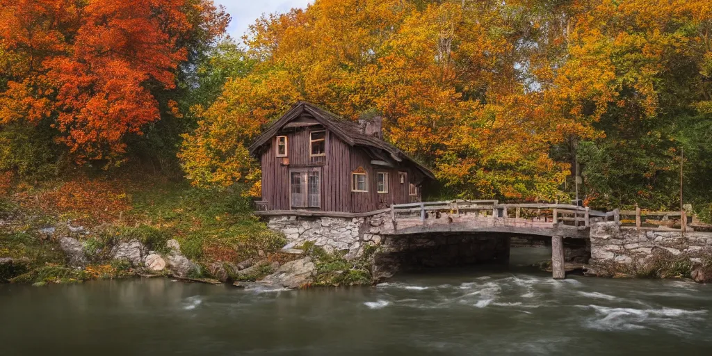 Image similar to a wooden cottage by the river with a bridge connecting to it, portrait, highly detailed, autumn, falling leaves, cozy, 8 k,