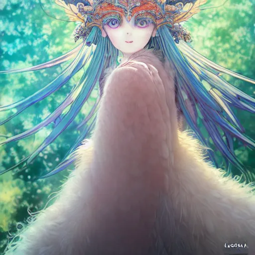 Prompt: goddess of the owls in feathered robe, humanoid, forest ritual, throne, concept art, shigeto koyama, Kyoto animation, Ilya Kuvshinov,jean giraud,last exile, blue submarine no. 6,loish, murata range, kawaii, yoshitaka amano, studio lighting, manga, bright colors, beautiful, 28mm lens, vibrant high contrast, gradation, fantasy, rule of thirds, great composition, intricate, detailed, flat, matte print, sharp,clean lines,anime