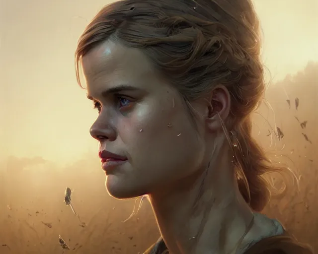 Image similar to highly detailed portrait of alice eve, in the walking dead, stephen bliss, unreal engine, fantasy art by greg rutkowski, loish, rhads, ferdinand knab, makoto shinkai and lois van baarle, ilya kuvshinov, rossdraws, tom bagshaw, global illumination, radiant light, detailed and intricate environment