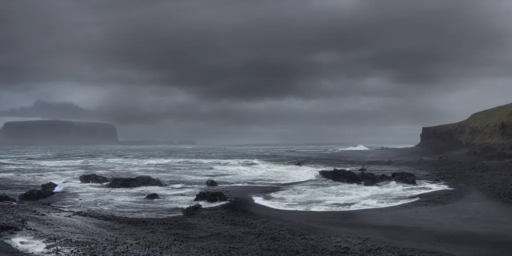 Image similar to icelandic coast. black sand. dramatic sky. cinematic. intricate. mist. low angle wide shot. highly detailed. matte painting in the style of craig mullins.