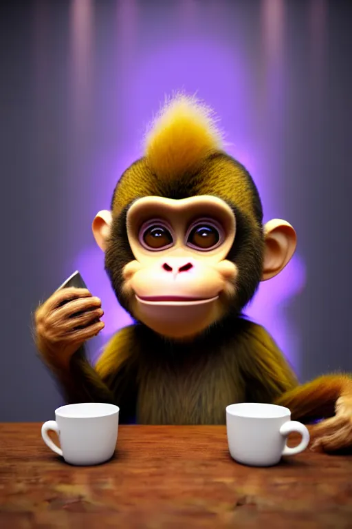 Image similar to high quality 3 d render very cute monkey! with large cup of coffee!, cyberpunk highly detailed, unreal engine cinematic smooth, in the style of blade runner & detective pikachu, hannah yata charlie immer, moody light, low angle, uhd 8 k, sharp focus