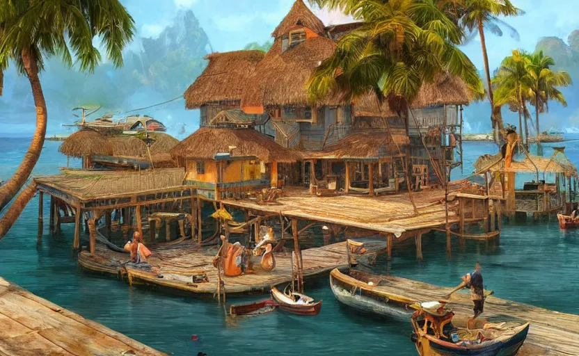 Prompt: a little fisher village on a tropical island, wood pier and houses, nets and boats, house made with boat parts, scenic view, bright day, matte painting by marc simonetti and rhads and donato giancola, trending on artstation