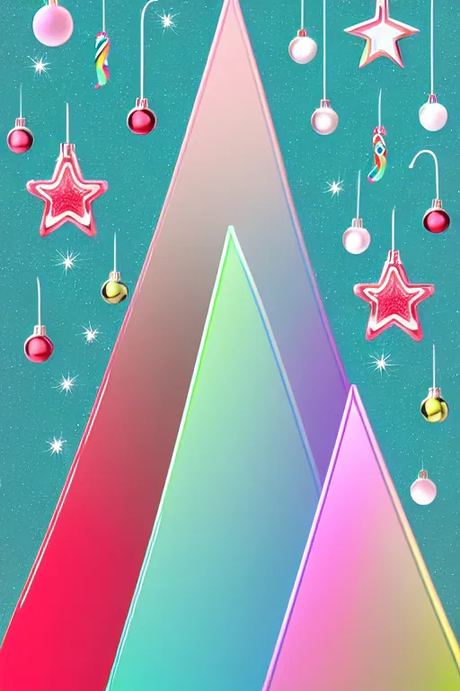 Image similar to flat illustration rainbowcore neo - scandi christmas tree with kitchen glitzy baubles, star, bird decorations, silver pink white red mood, highly detailed digital art masterpiece, smooth etienne sandorfi eric zener dramatic pearlescent soft teal light, ground angle hd 8 k, sharp focus