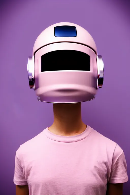 Prompt: a high definition film photograph of a normal androgynous robot human wearing a plain white t - shirt, in a pastel pink room. happy. metal visor covering eyes. chrome paint helmet. crushed shadows.