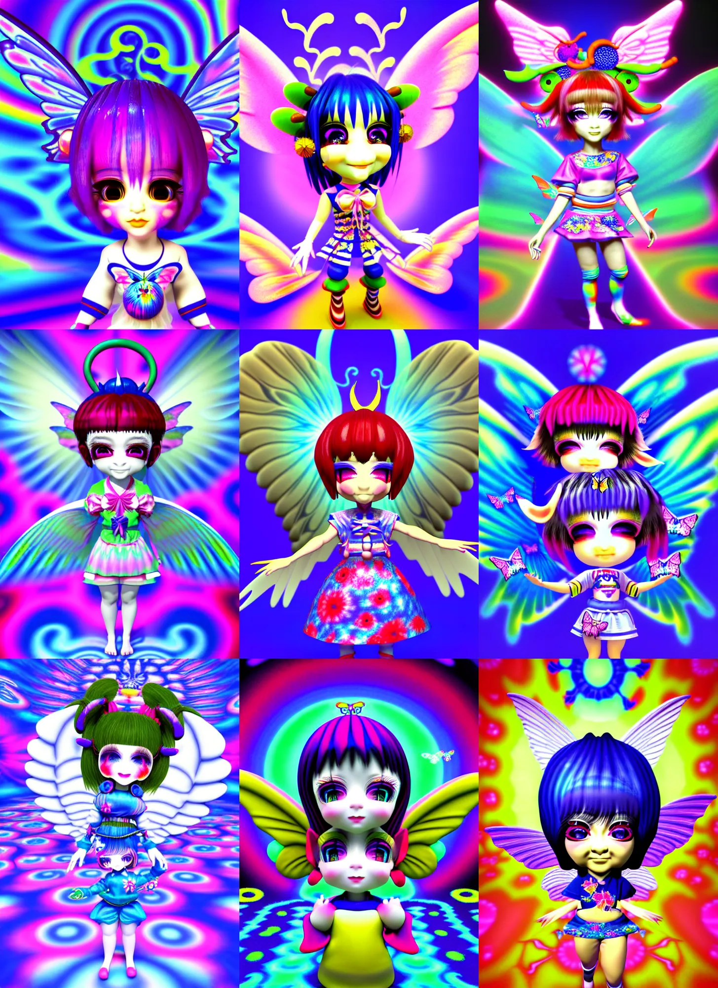 Prompt: 3d render of chibi jester by Ichiro Tanida wearing angel wings against a psychedelic swirly background with 3d butterflies and 3d flowers n the style of 1990's CG graphics 3d rendered y2K aesthetic by Ichiro Tanida, 3DO magazine
