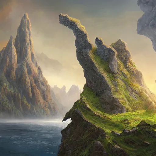 Prompt: basalt cliffs and mountains, floating islands fantasy landscape, high detail, fantasy art, concept art, 4 k, ultra detail, computer art