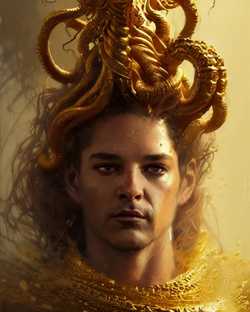 Prompt: fierce medusa in an golden robe, fantasy character portrait, ultra realistic, concept art, intricate details, highly detailed by greg rutkowski, gaston bussiere, craig mullins, simon bisley