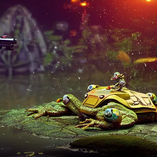 Prompt: amphibious toad mech stepping out of a pond with a lazer rifle dripping water. film still. brightly lit scene. this 4 k hd image is trending on artstation, featured on behance, well rendered, extra crisp, features intricate detail, epic composition and the style of unreal engine, national geographic, bandai box art.