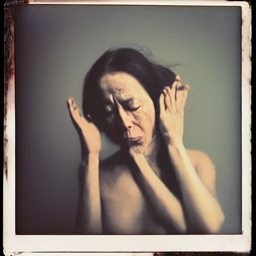 Prompt: portrait of a crying woman. white hands grabbing her from outside frame. hq photo, surreal, harsh lighting. polaroid type 6 0 0. fear. unnerving. menacing. supernatural