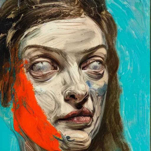 Prompt: high quality high detail expressionist painting of a woman on horseback by lucian freud and jenny saville and francis bacon and nicola samori, hd, anxiety, turquoise and orange