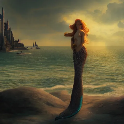 Image similar to establishing shot of atlantis, buildings made of shells with arabic patterns, modern mermaid standing on top of the hill against the morning sun, cinematic composition, mucha, artstation