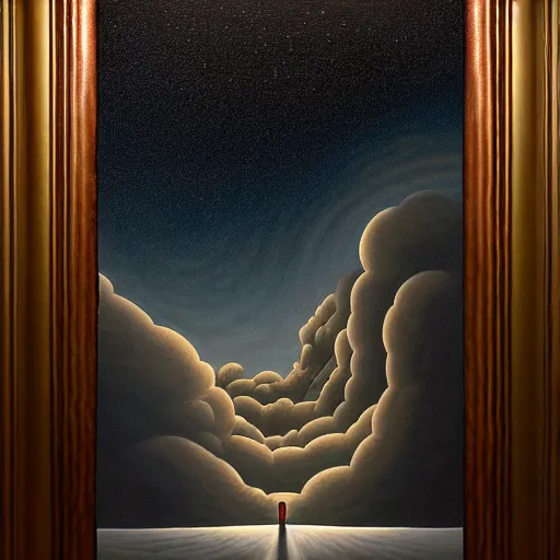 Image similar to a gust of night pushed its way in the door by jeffrey smith, oil on canvas