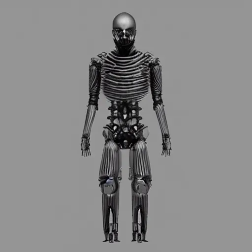 Image similar to “ full body full height, elegant h. r. giger cyborg, default pose. super high resolution photo. symmetrical. orthographic engineering. front view. ”