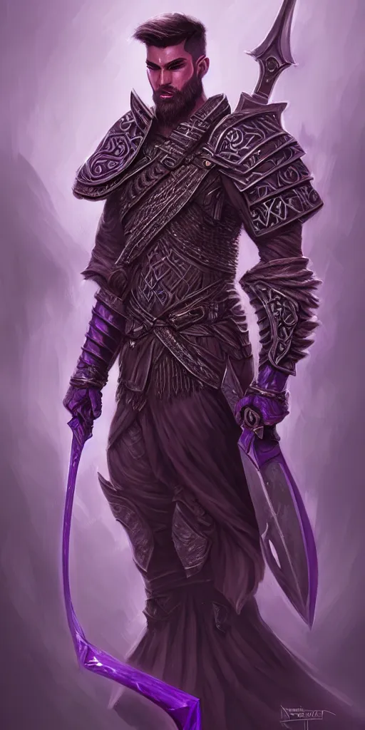 Image similar to male warrior, intricate purple full plate, rpg d&d, fantasy, intricate, elegant, highly detailed, digital painting, artstation, concept art, smooth, sharp focus, illustration