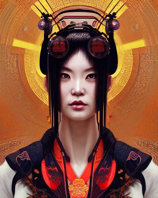 Image similar to portrait of a cyberpunk machine, machine face, upper half portrait, decorated with chinese opera motifs, asian, fine china, wuxia, traditional chinese art, intricate, elegant, highly detailed, symmetry, headpiece, digital painting, artstation concept art smooth sharp focus, illustration, art by artgerm and greg rutkowski alphonse mucha 8 k