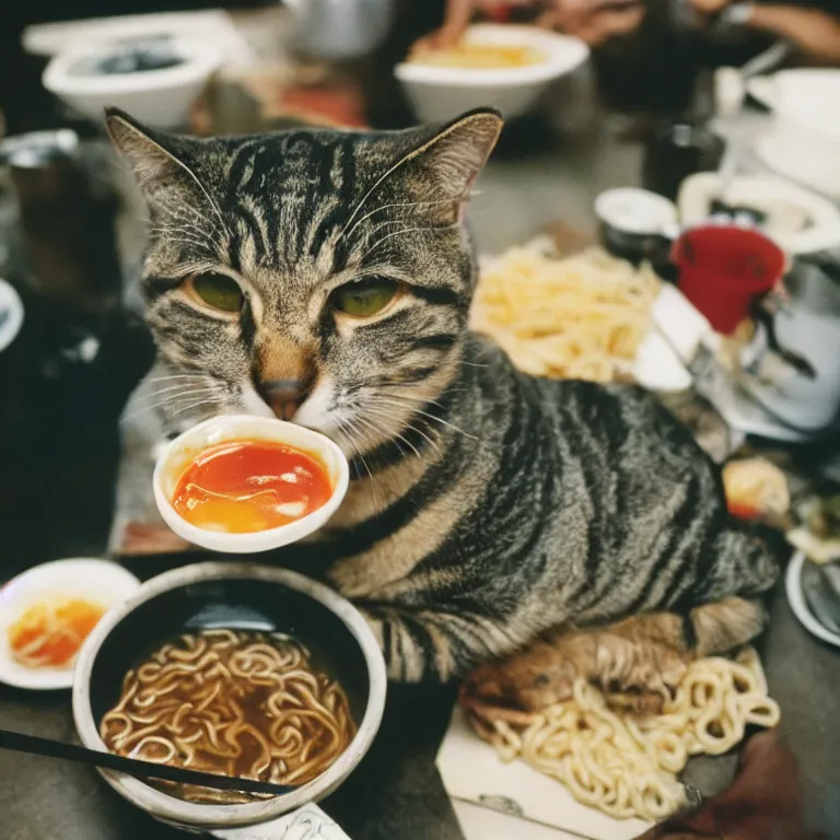 Image similar to photo of a brownish gray tabby cat eating ramen in san francisco, cinestill 8 0 0 t film, cinematic, 4 0 mm f / 2. 8