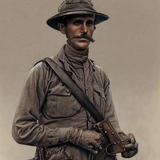 Image similar to a detailed photorealistic sepia - toned color portrait painting of a 1 9 1 7 worried clean - shaven british lieutenant in detailed field gear wearing a finely - detailed pith helmet in wadi rum, ultra realistic, intricate details, lovecraft, atmospheric, dark, horror, brooding, highly detailed, by clyde caldwell