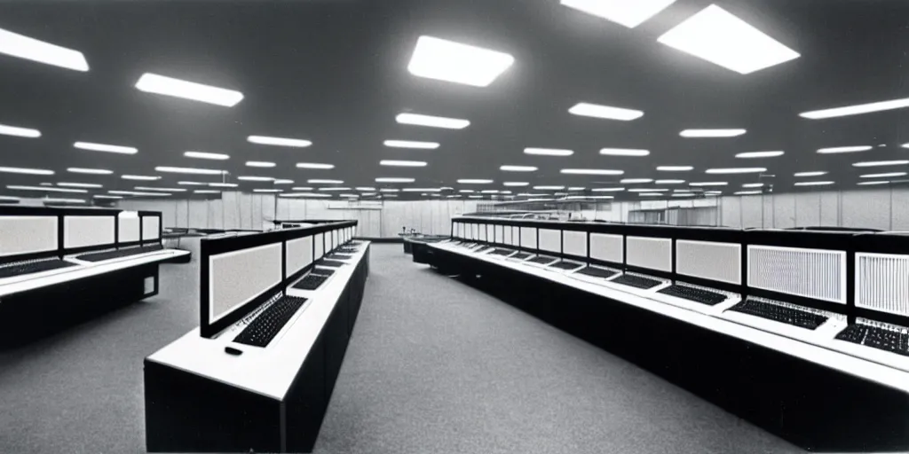 Image similar to a large 1970's computing room with 9-track machines and glowing screens. by IBM by Amdahl.