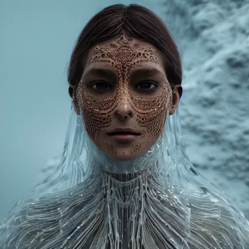 Prompt: medium shot of a regal brown woman wearing an intricate and detailed armor made of many layers of ice. stalactite hair. freckles. haunting eyes. vulnerable. fragile. ethereal. elaborate. ice caves. glaciers. refracted light. extremely soft lighting. textures. delicate. translucent. photorealistic. octane render