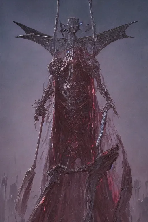 Image similar to Distorted god knight in robe with a giant reaper scythe, dark fantasy, intricate, highly detailed, smooth, artstation, painted by Wayne Barlowe, zdislav beksinski, Francis Bacon