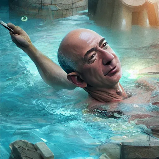 Image similar to jeff bezos swimming in a pool filled with cash, 4 k, photography, extremely detailed, digital art, trending on artstation, greg rutkowski, cinematic lighting, hyperrealistic