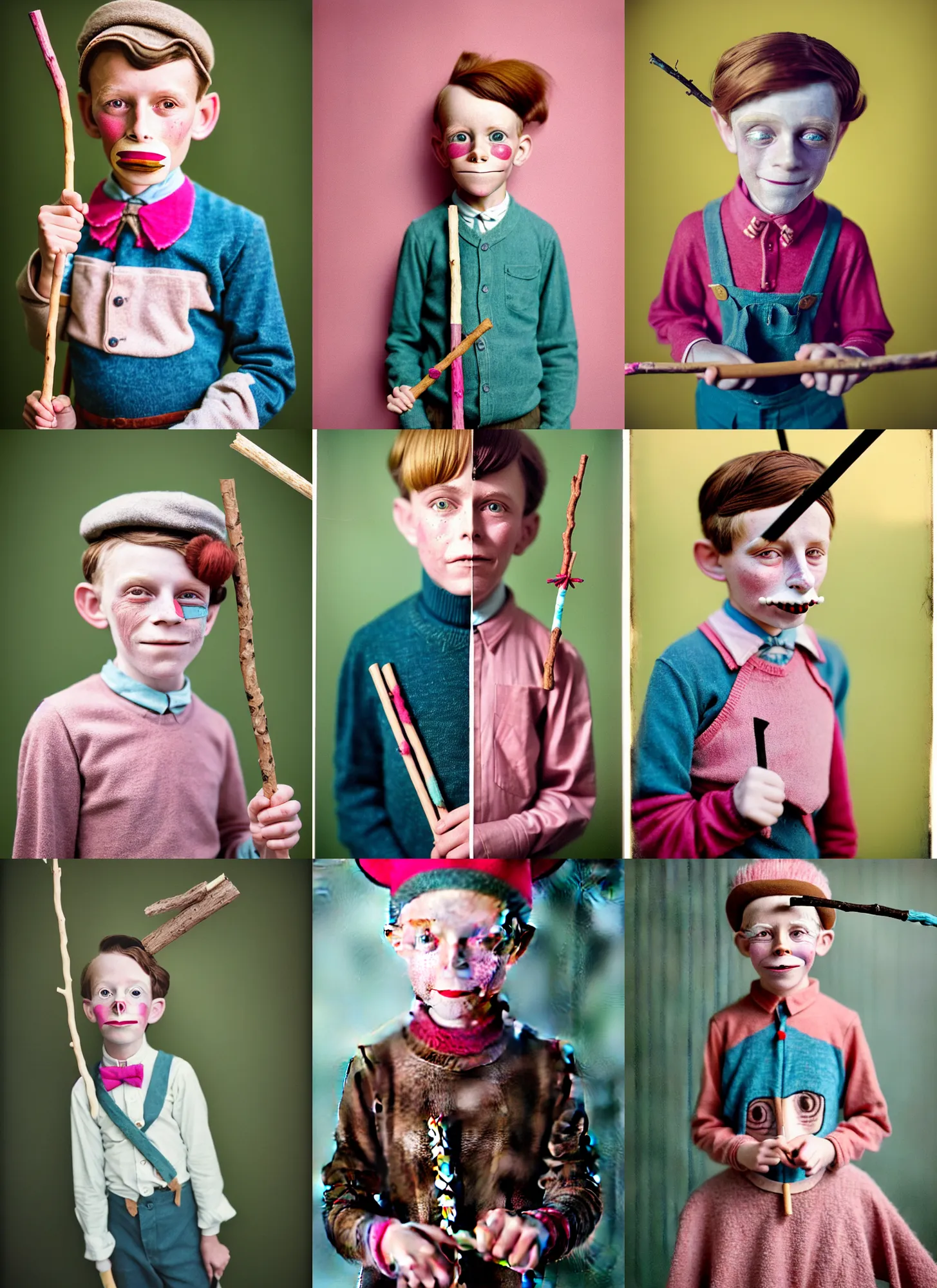 Prompt: kodak portra 4 0 0, 8 k, highly detailed, britt marling style, award winning muted colour portrait of a half 8 year old boy, half wooden pinocchio, with awooden stick, pink, turquoise, up face in 1 9 2 0 s hair, 1 9 2 0 cloth style