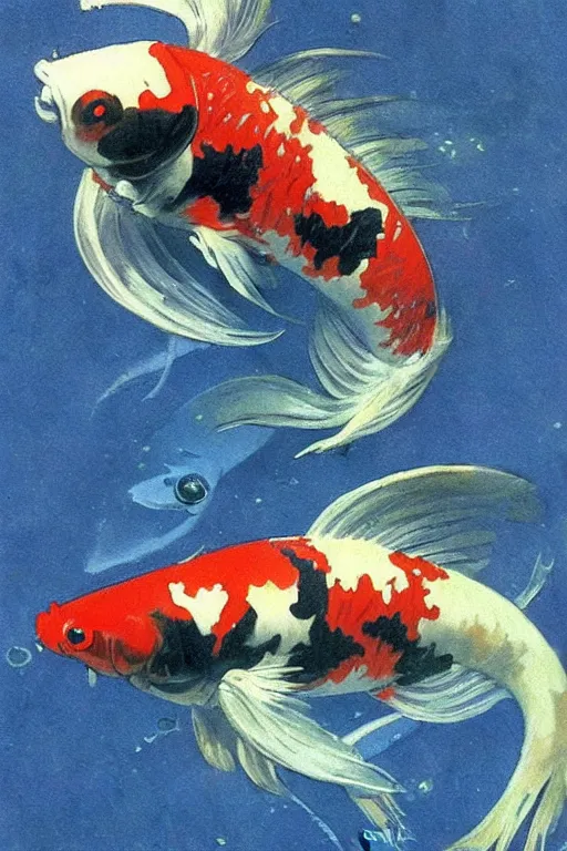 Image similar to a koi fish!!!! fighter robot by Frank Frazetta