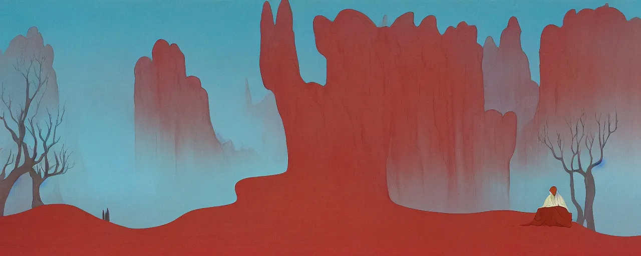 Prompt: deep desert, oasis, water lake, mirage, sand mists, red sandstone natural sculptures, desert flowers, subtle color variations, gentle mists, a white robed benevolent magician clothed in a royal garment in contemplation meditating upon God, by Eyvind Earle and Mary Blair