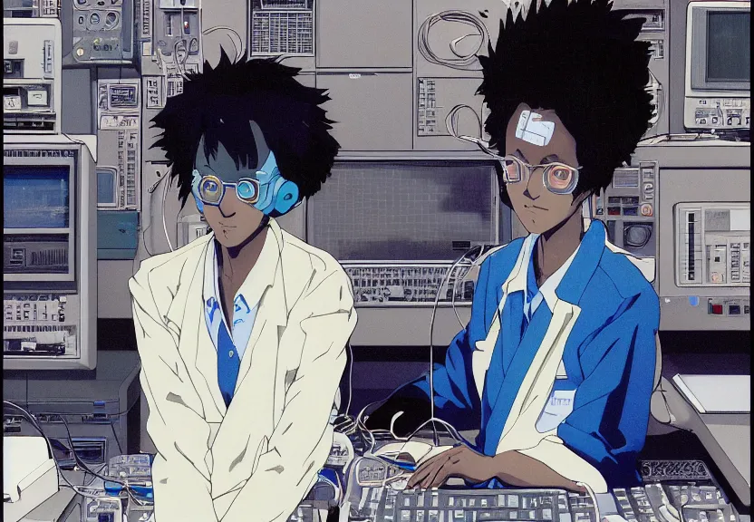 Prompt: dark skin woman wearing a white lab coat with a blue haircut, body connected to wires and surrounded by 1 9 8 0 s computers, painted by yoshitoshi abe and makoto shinkai, in the style of serial experiments lain and gainax evangelion 1 9 9 5, dynamic lighting, dark ambience, cell - shaded, detailed face, retro tech