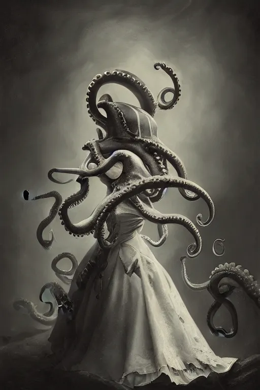 Prompt: wet plate photograph of an anthropomorphic octopus dressed in a victorian - era ballgown, dramatic lighting, highly detailed, digital painting, artstation, concept art, smooth, sharp focus, illustration, art by wlop, mars ravelo and greg rutkowski