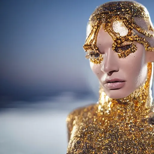 Prompt: close up of face of female fashion model as ice sculpture, in desert, gold plated, versace dress, highly detailed