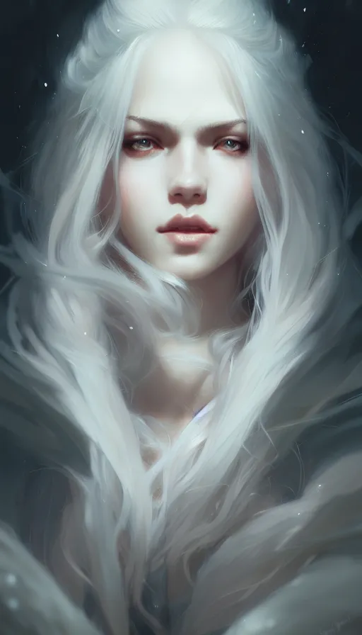 Image similar to portrait of a beautiful girl, flowy white hair, cinematic lighting, highly detailed, dark forest, digital painting, trending on artstation, pixiv, concept art, sharp focus, illustration, art by ross tran and wlop