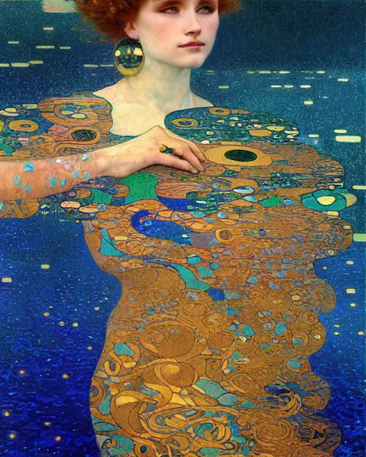 Image similar to ocean cat portrait an oil painting splashes with many colors and shapes by gustav klimt greg rutkowski and alphonse mucha, polycount, generative art, psychedelic, fractalism, glitch art