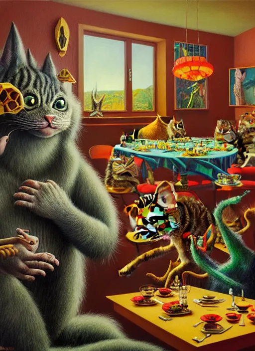 Image similar to hyper detailed 3d render, Oil painting, a cat dinner party - where the wild things are by Jacek Yerka, Mariusz Lewandowski, Houdini algorithmic generative render, Abstract brush strokes, Masterpiece, Edward Hopper and James Gilleard, Zdzislaw Beksinski, Mark Ryden, Wolfgang Lettl, hints of Yayoi Kasuma, octane render, 8k