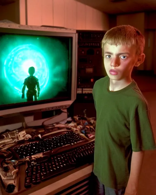 Image similar to 8k professional photo of an 8 years old enlightened and scared boy standing in front of an old computer from 90s with a game doom2 at the monitor screen, still from a 2021 movie by Alfonso Cuaron and James Cameron