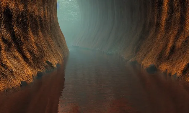 Prompt: beautiful photograph of a vertical tunnel made of raindrops, between a dried up river and the sun, highly-detailed, fantastic, dramatic lighting, artstation, 4k