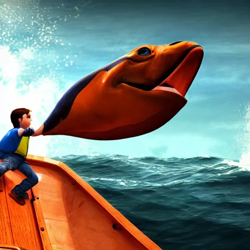 Image similar to photorealistic photograph of Nemo touching the boat, realism, 4k, trending on artstation, award-winning art