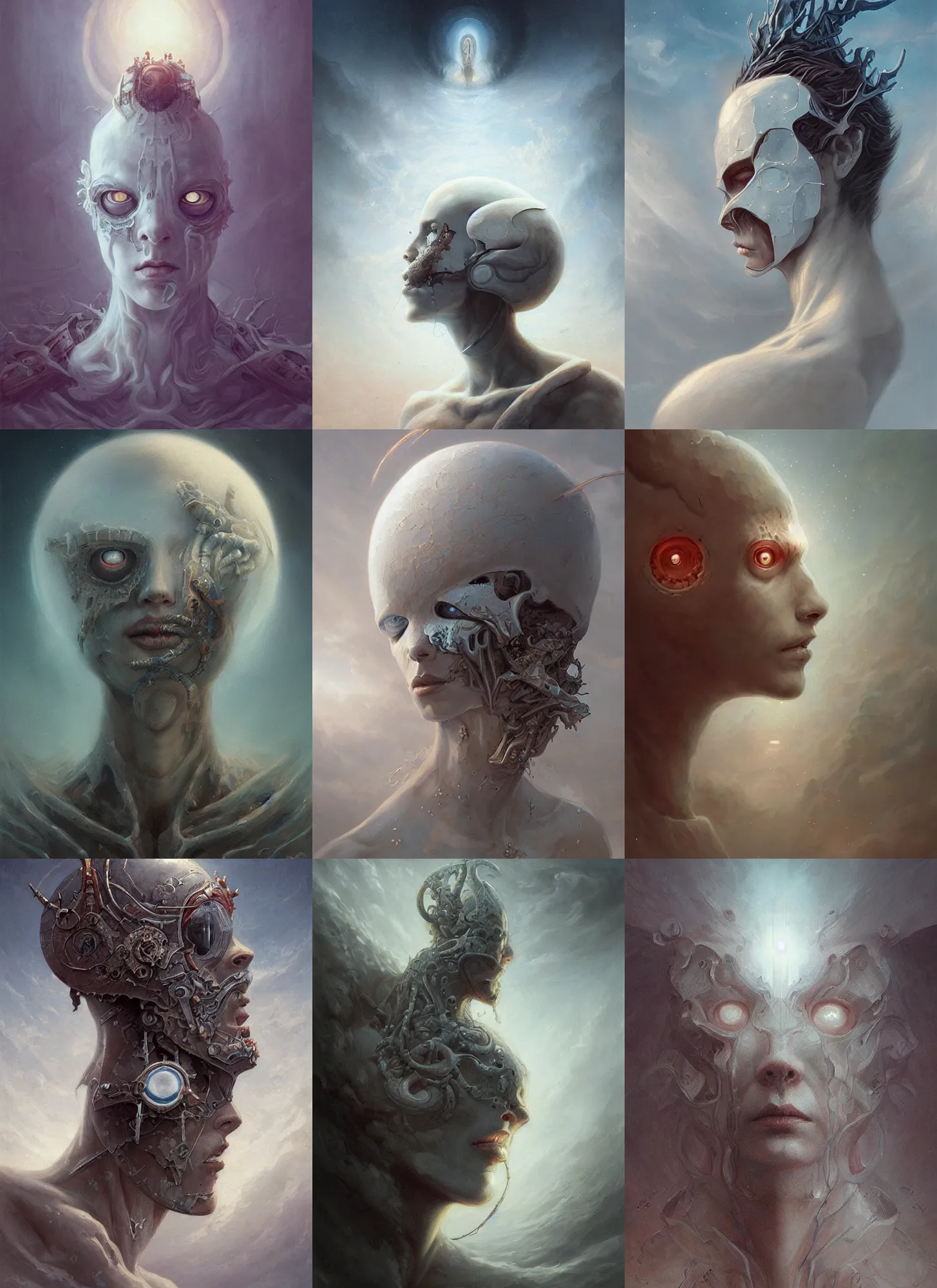 Prompt: white cyclops portrait in sky, intricate, elegant, sharp focus, highly detailed, concept art, digital painting, mohrbacher, beksinski, aleksi briclot