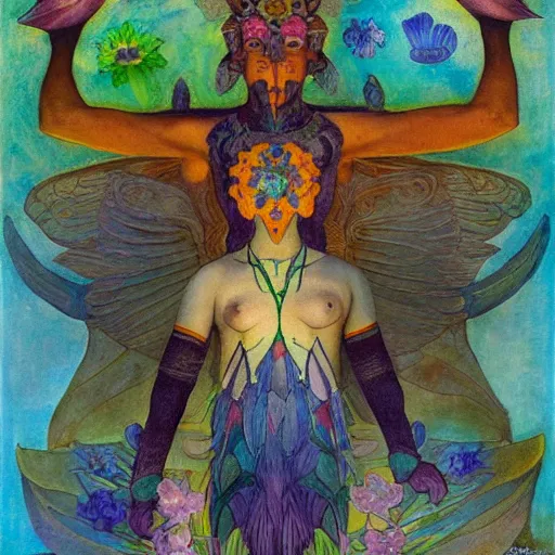 Image similar to the flower god, by Annie Swynnerton and Nicholas Roerich and Diego Rivera, bioluminescent skin, tattoos, wings made out of flowers, elaborate costume, geometric ornament, symbolist, cool colors like blue and green and violet, smooth, sharp focus, extremely detailed