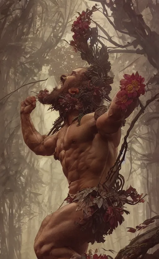 Image similar to god of the forest, 3 0 years old, rugged, male, gorgeous, detailed face, amazing, thighs!!!!!!, flowers, muscular, intricate, highly detailed, digital painting, artstation, concept art, sharp focus, illustration, art by greg rutkowski and alphonse mucha