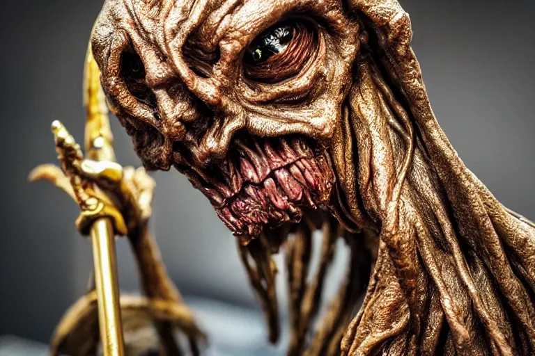 Image similar to photo taken of an epic intricate, ultra detailed, super realistic sculpture of a nightmarish hellish demonic hooded grim reaper on display in a workshop, created by weta workshop, zoomed in shots, photorealistic, sharp focus, f 0. 4, face centred, macro photography, golden ratio, golden hour