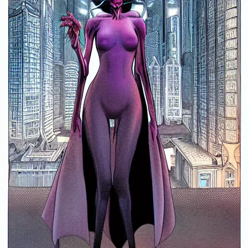 Prompt: Tall beautiful slender female witch with dark hair, futuristic, alien cityscape, symmetrical features, full body, face visible, artstation, graphic novel, colourful, 2D matte, art by Frank Quitely and Moebius,