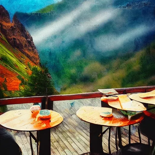 Image similar to mountain cafe, cinematic, photography, surreal, impressionist