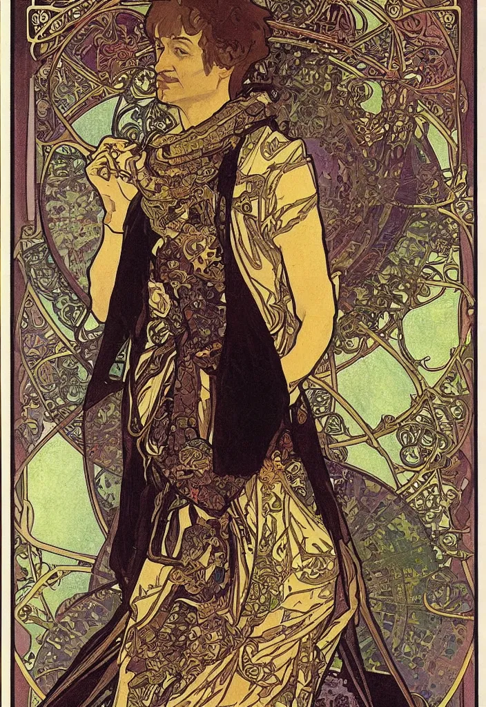 Image similar to geoffrey hinton as the emperor on a tarot card, tarot in art style by alphonse mucha