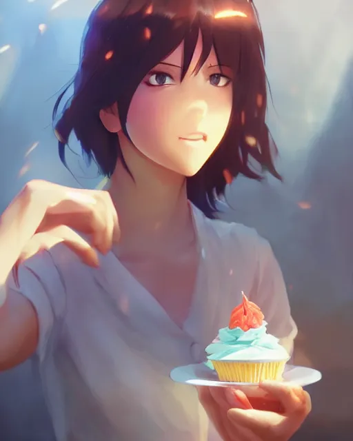 Image similar to a woman eating a cupcake, full shot, atmospheric lighting, detailed face, by makoto shinkai, stanley artgerm lau, wlop, rossdraws