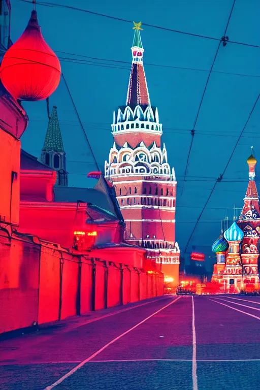 Prompt: neon streets of moscow with red square, 4 k, award winning photo, cyberpunk style